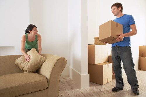 Packed boxes and furniture prepared for loading on moving day